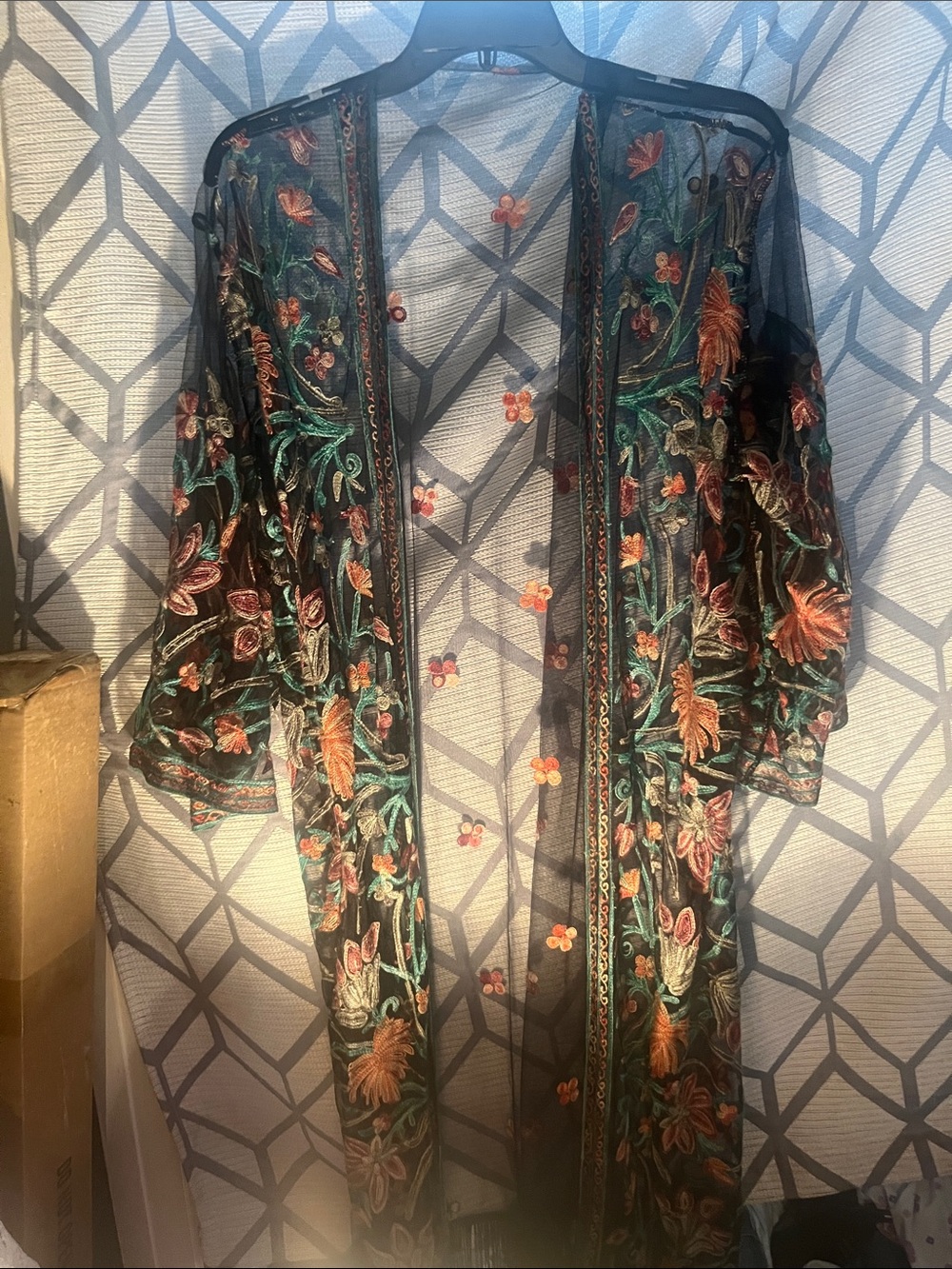 Rebellion Black Sheer Embroidered Floral Duster with Orange & Green Accents
